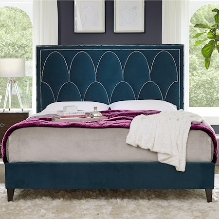 Transitional King Upholstered Bed with Decorative Nailheads