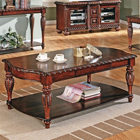 Traditional 1-Shelf 1-Drawer Cocktail Table with Carved Trim