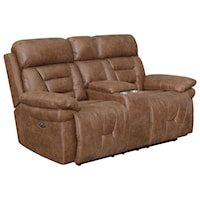 Casual Lay Flat Power Reclining Loveseat with Power Headrest, USB Port, Cup Holders, and Center Console