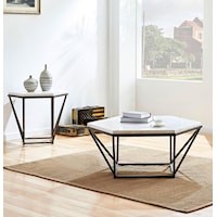 Hexagon White Marble Top Coffee Table and Hexagon White Marble Top End Table Set