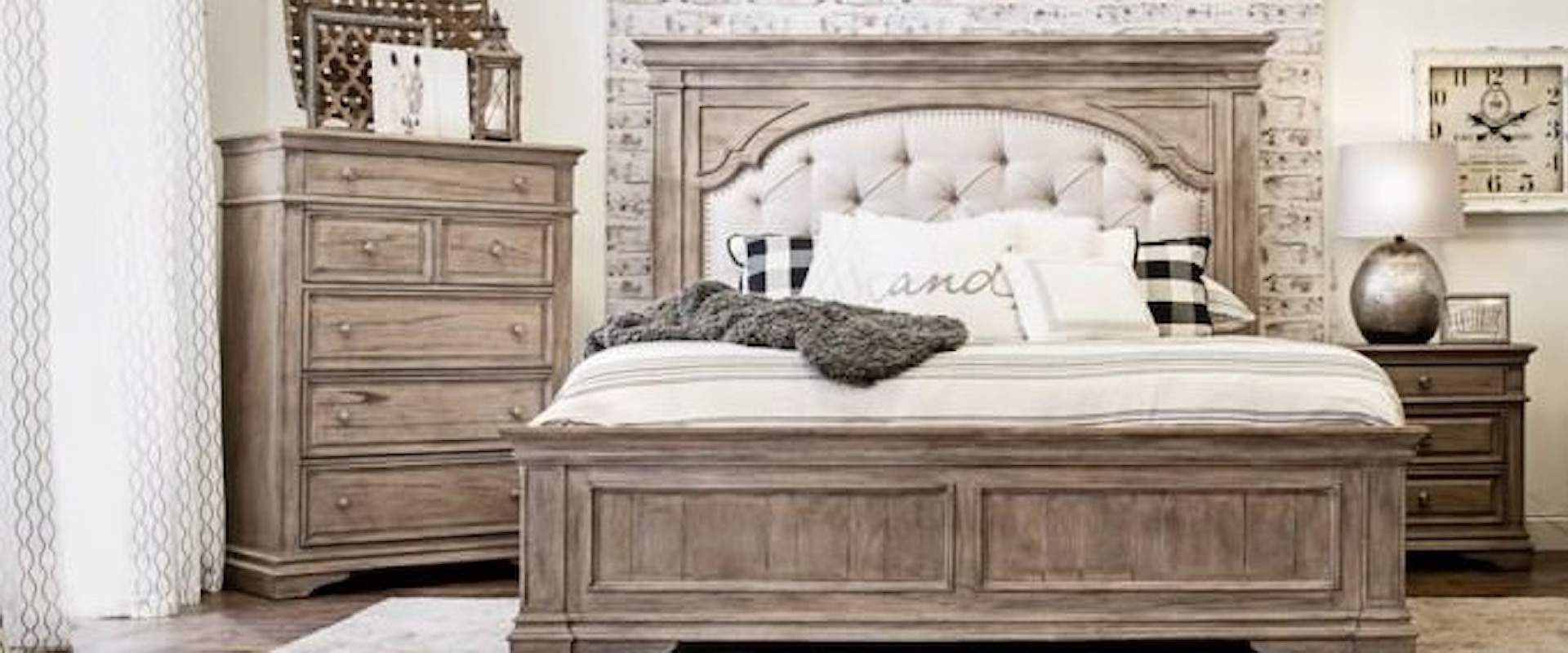 3 Piece Queen Upholstered Bed, 3 Drawer Nightstand and 5 Drawer Chest Set