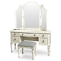 Vintage Vanity and Mirror Set Bench and 5 Drawers