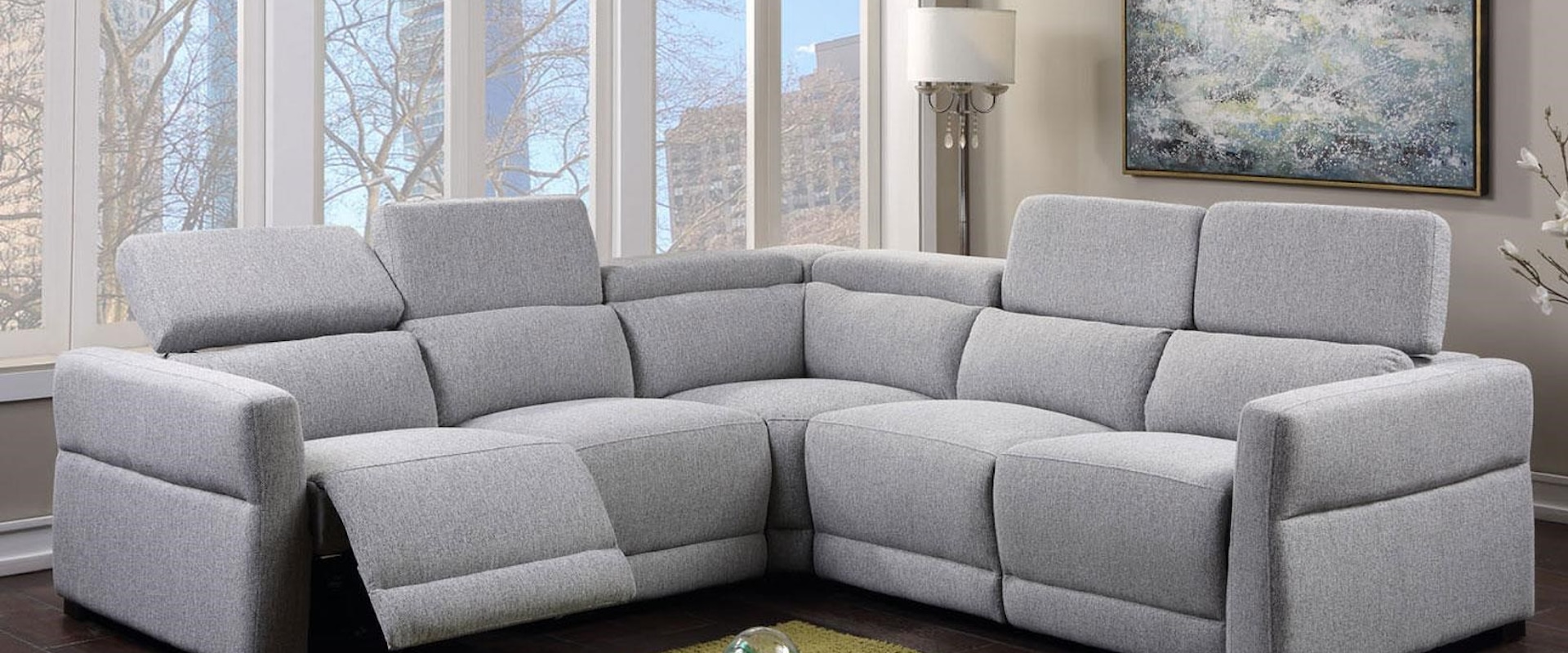 Contemporary 4-Seat Power Reclining Sectional Sofa with Power Headrests and USB Ports and Dual-Power Recliner Set