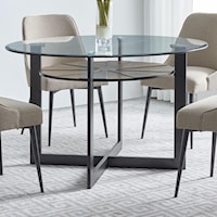 Contemporary Round Glass Dining Table with Iron and Birch Base
