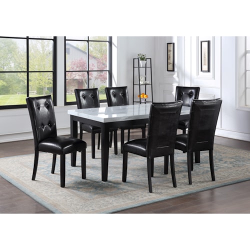 Transitional 7-Piece Table and Chair Set with Faux Marble and Faux Leather