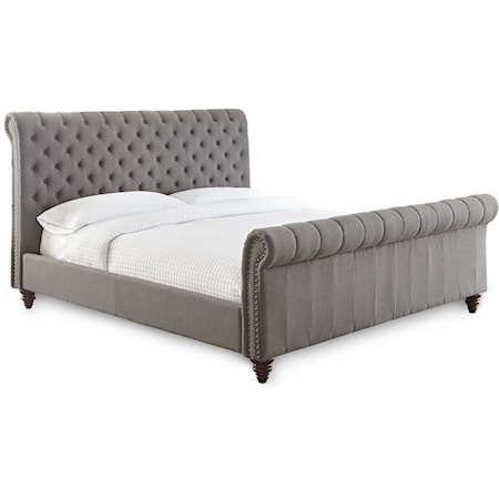 King Upholstered Sleigh Bed with Button Tufting