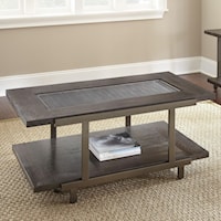 Industrial Cocktail Table with Metal and Glass Top and Casters