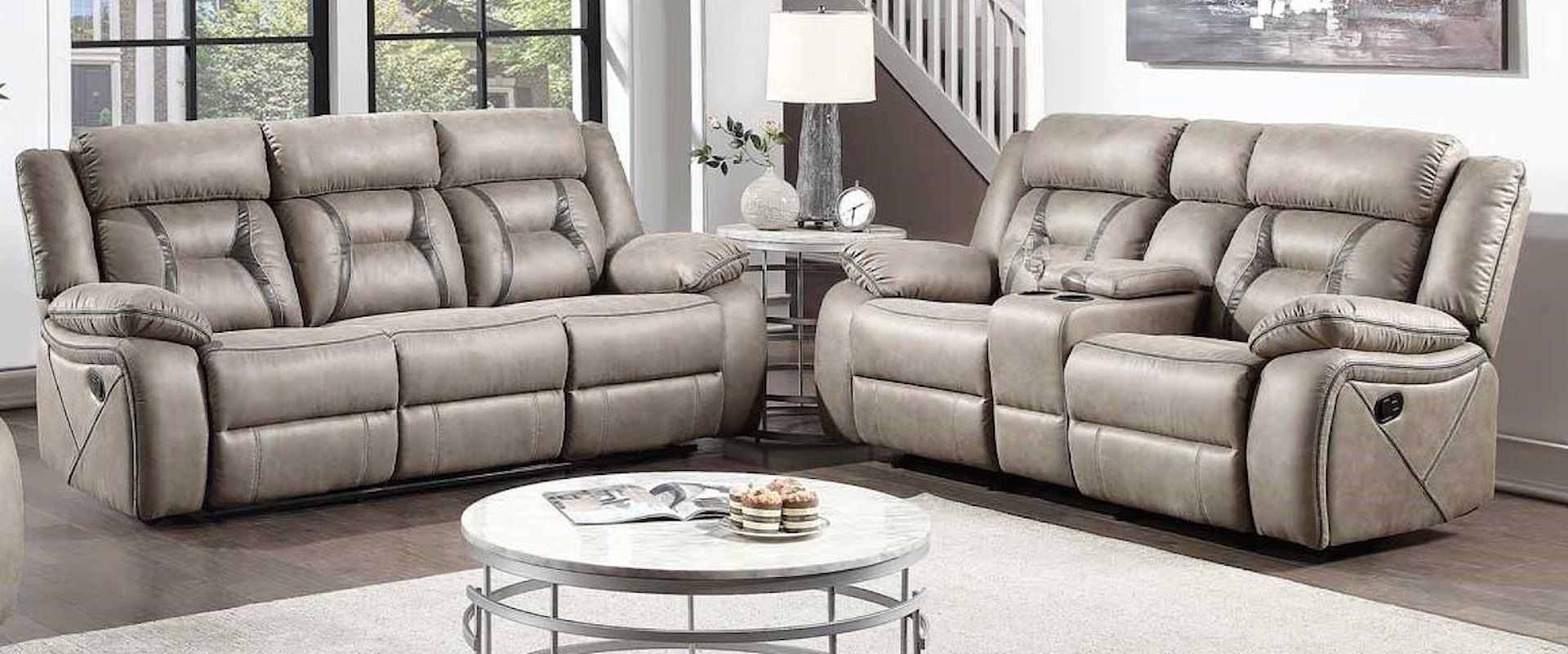 Manual Reclining Sofa with Drop Down Console and Reclining Glider Loveseat with Center Console Set