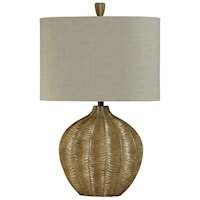 Hand Carved Table Lamp with Natural Linen Drum Shade