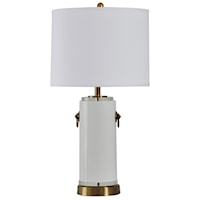 White Glass Body with Brass Accents White Drum Fabric Shade