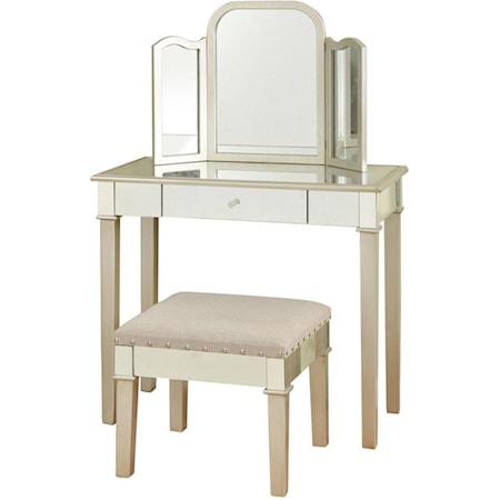 Hollywood Glamour Makeup Vanity Set with Trifold Mirror and Stool