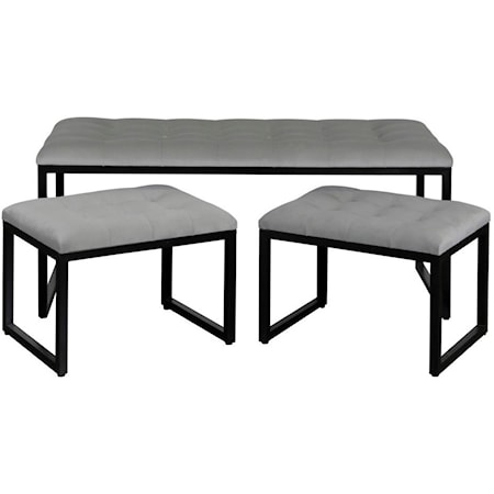 Set of 3 Gray Accent Benches with Tufted Cushions