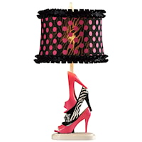 Diva Shoes Pink and Black Table Lamp with Polka Dots and Black Ruffle Trim