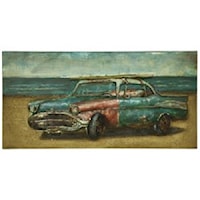 Metal Wall Décor of Old Chevy with Surfboard by the Sea