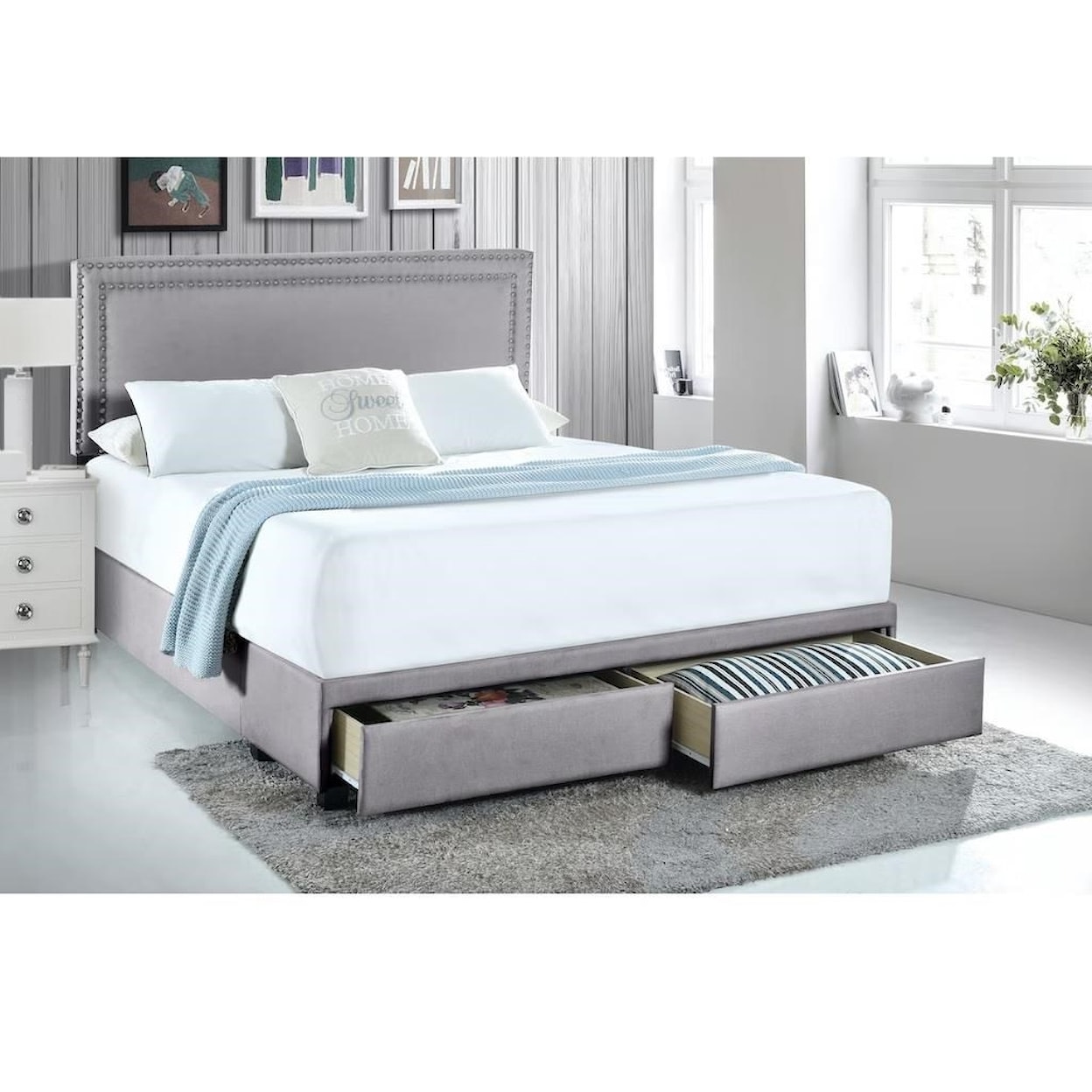 The Monday Company Upholstered Bedroom Queen Nail Trim Storage Bed