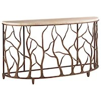 Demilune Bannister Garden Console Table with Honed Travertine Top & Organic Branch Designed Base