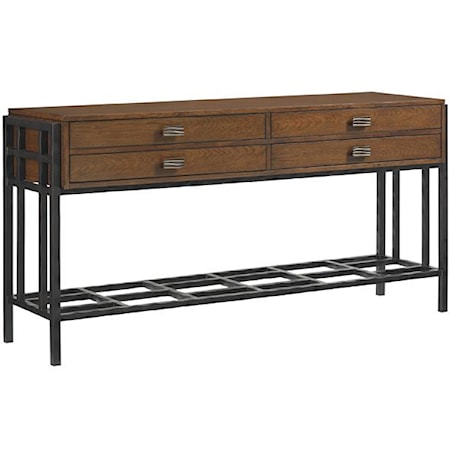 Saipan Asian-Inspired Sideboard with Silverware Trays and Decorative Metal Stretcher