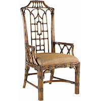 Quick Ship Rattan & Leather Pacific Rim Arm Chair with Upholstered Seat