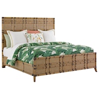 California King Size Coco Bay Woven Raffia Panel Bed with Bamboo Carved Frame
