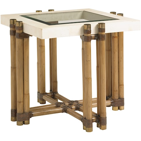 Los Cabos Rattan Lamp Table with Glass and White Cordova Stone Top