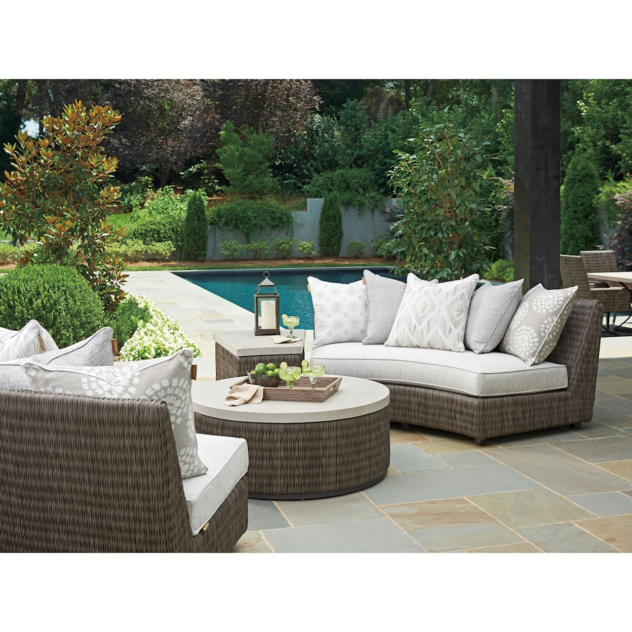 Tommy Bahama Outdoor Living Cypress Point Ocean Terrace Outdoor Armless Sofa w/ Scatterback Cushions