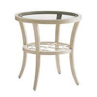 Outdoor Round End Table with Glass Top and Quatrefoil Design 