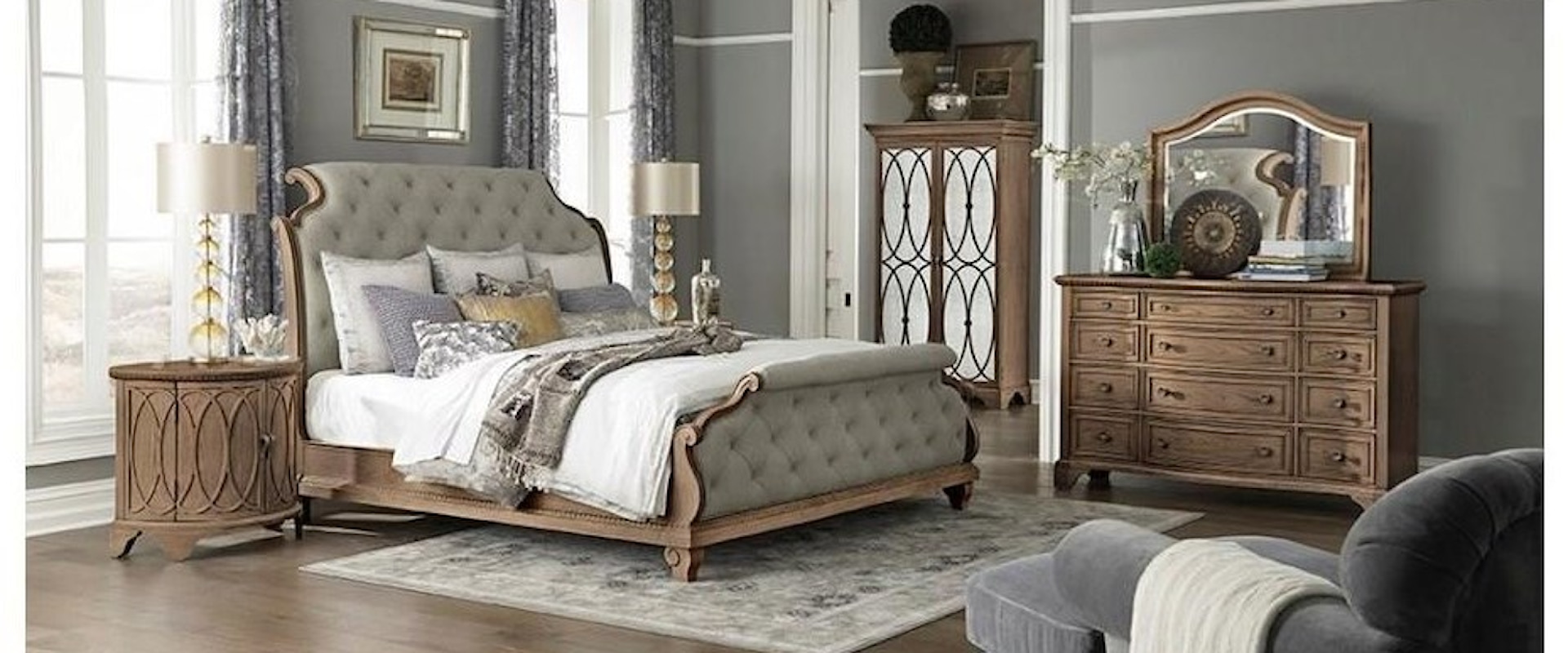 Queen Upholstered Sleigh Bed, Dresser, Mirror, Nightstand and Chest Package