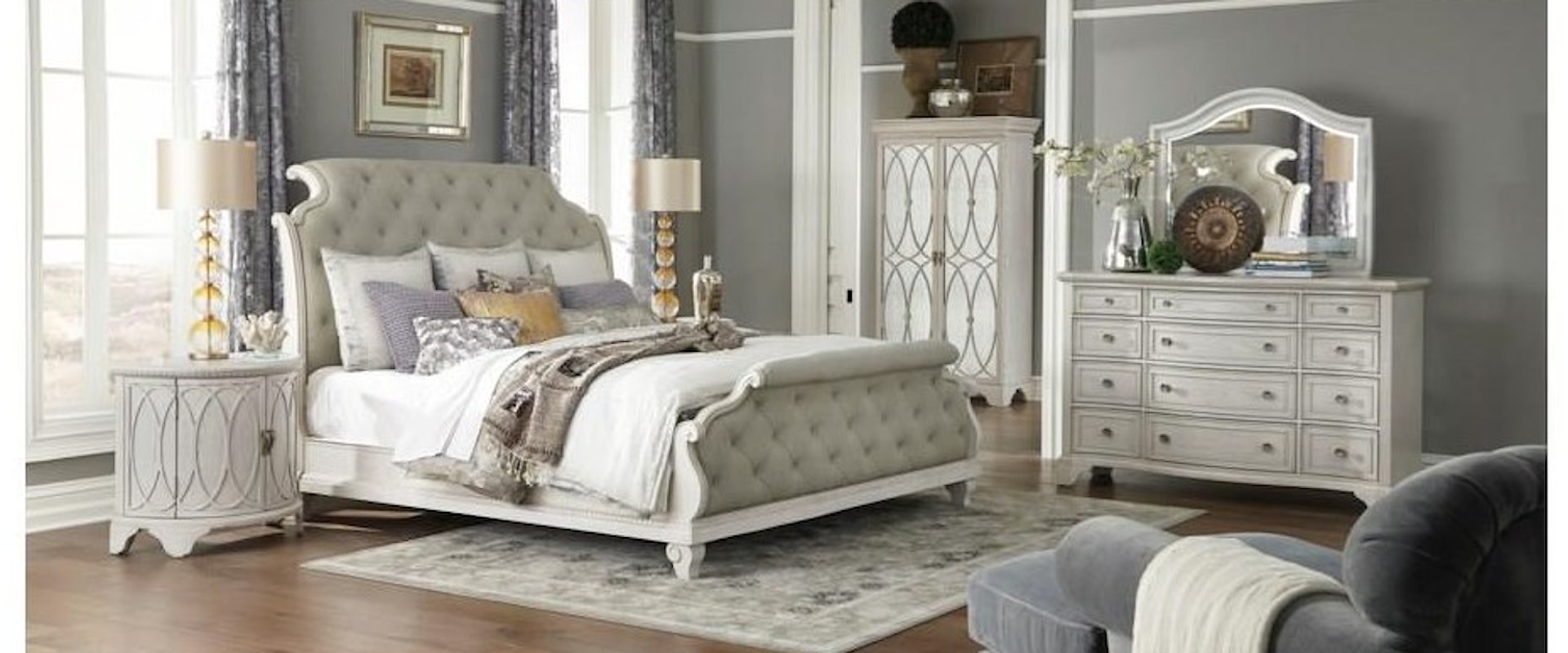 Queen Upholstered Sleigh Bed, Dresser, Mirror, Nightstand and Chest Package