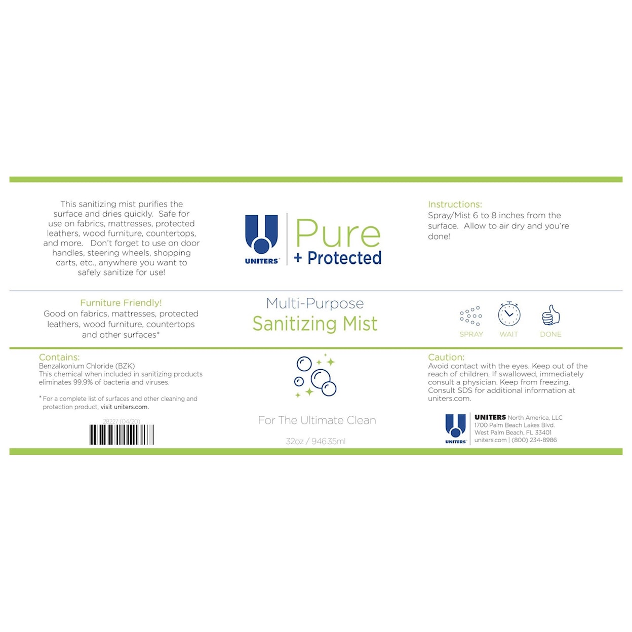 Uniters Pure + Protected Sanitizing Mist 32 Oz refill bottle Sanitizing Mist