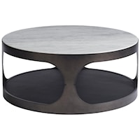 Magritte Round Cocktail Table with Faux Leather Bottom Shelf and Smooth Stone Top