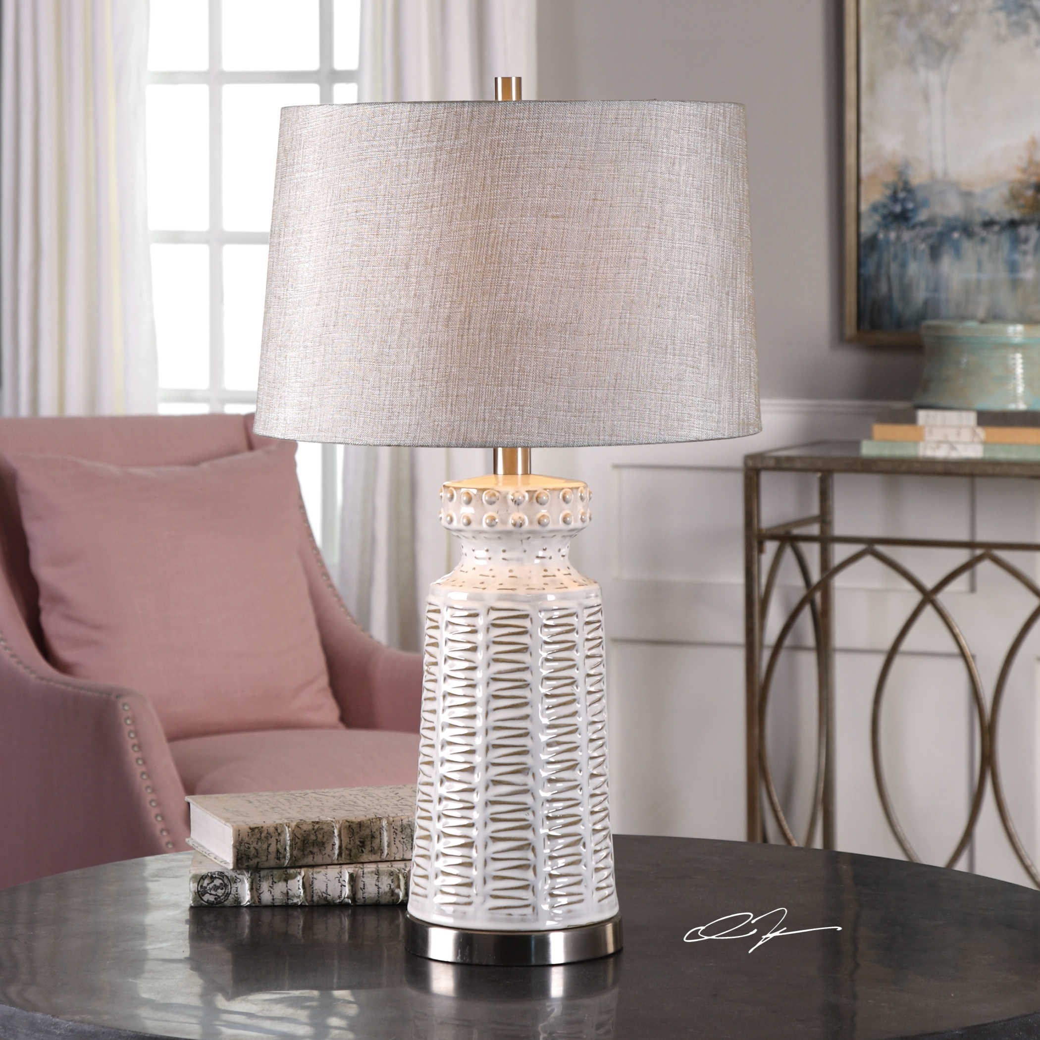 Uttermost Table Lamps Kansa Distressed White Table Lamp