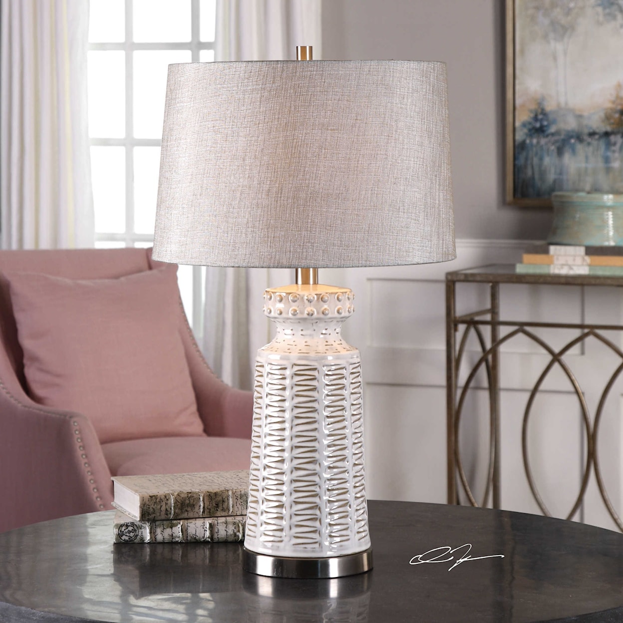 Uttermost Table Lamps Kansa Distressed White Table Lamp