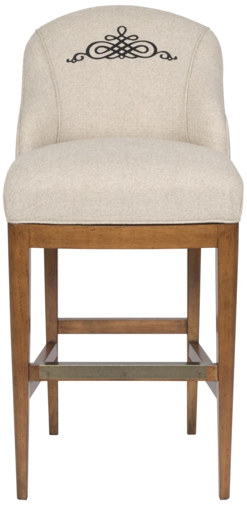Upholstered Bar Stool with Curved Back and Monogrammed Medallion Design