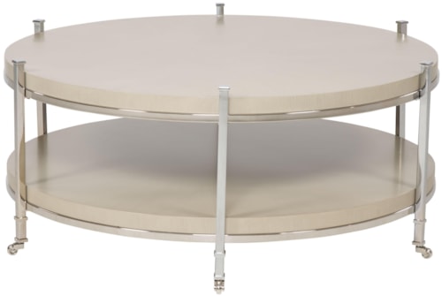Gibson Round Cocktail Table with Shelf and Stainless Steel Legs and Casters