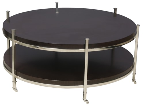 Gibson Round Cocktail Table with Shelf and Stainless Steel Legs and Casters