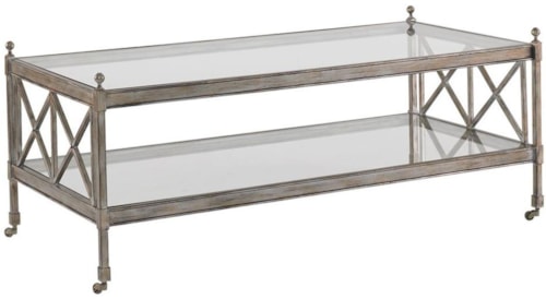 Metal Cocktail Table with Glass Top and Shelf and Base with Casters