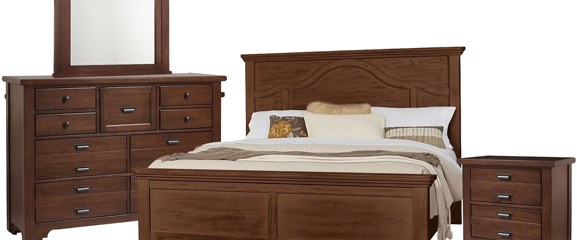 King Mantel Bed, 9 Drawer Dresser, Master Arch Mirror, 2 Drawer Nightstand