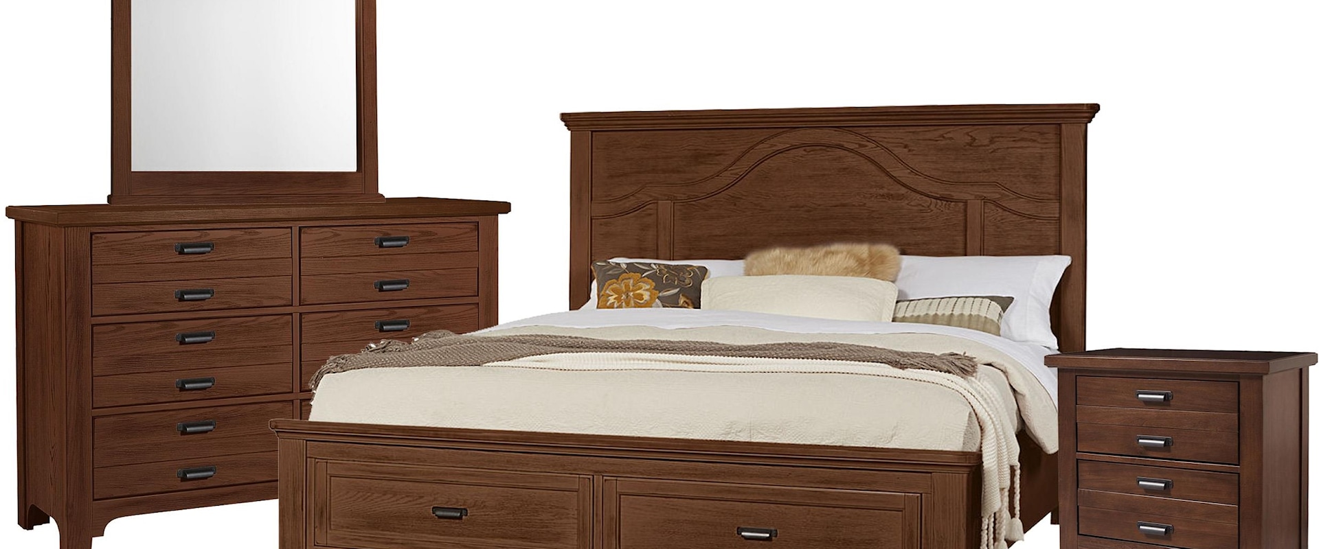 Queen Mantel Storage Bed, Double Dresser, Landscape Mirror, 2 Drawer Nightstand