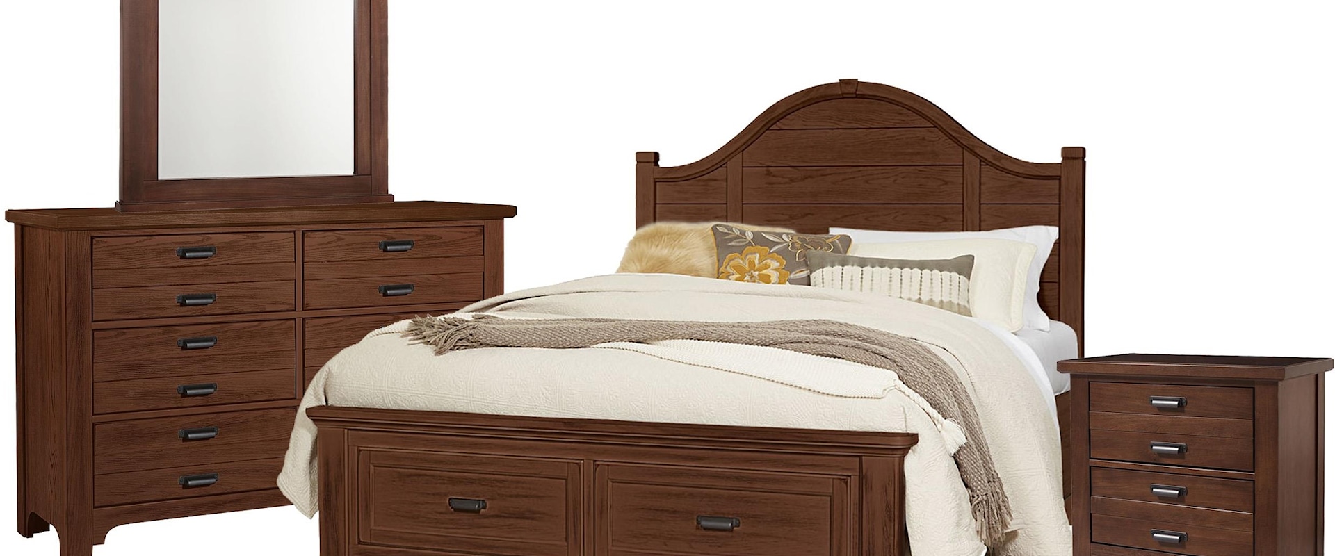 Queen Arch Storage Bed, Double Dresser, Arch Mirror, 2 Drawer Nightstand