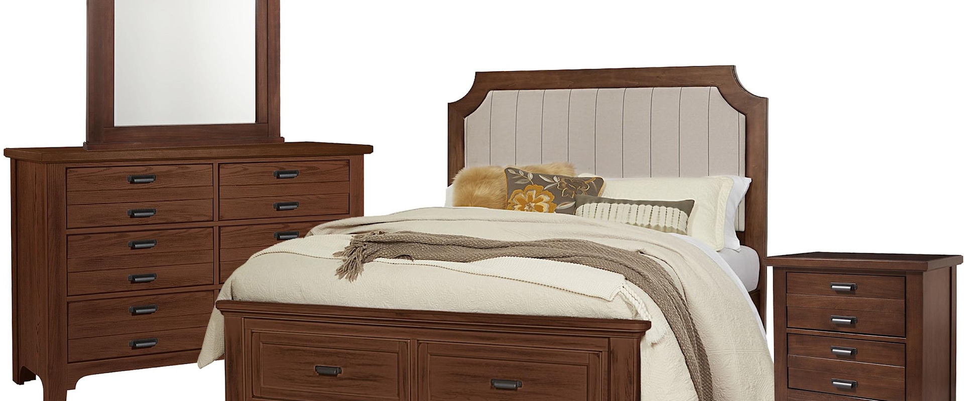 Queen Upholstered Storage Bed, Double Dresser, Arch Mirror, 2 Drawer Nightstand