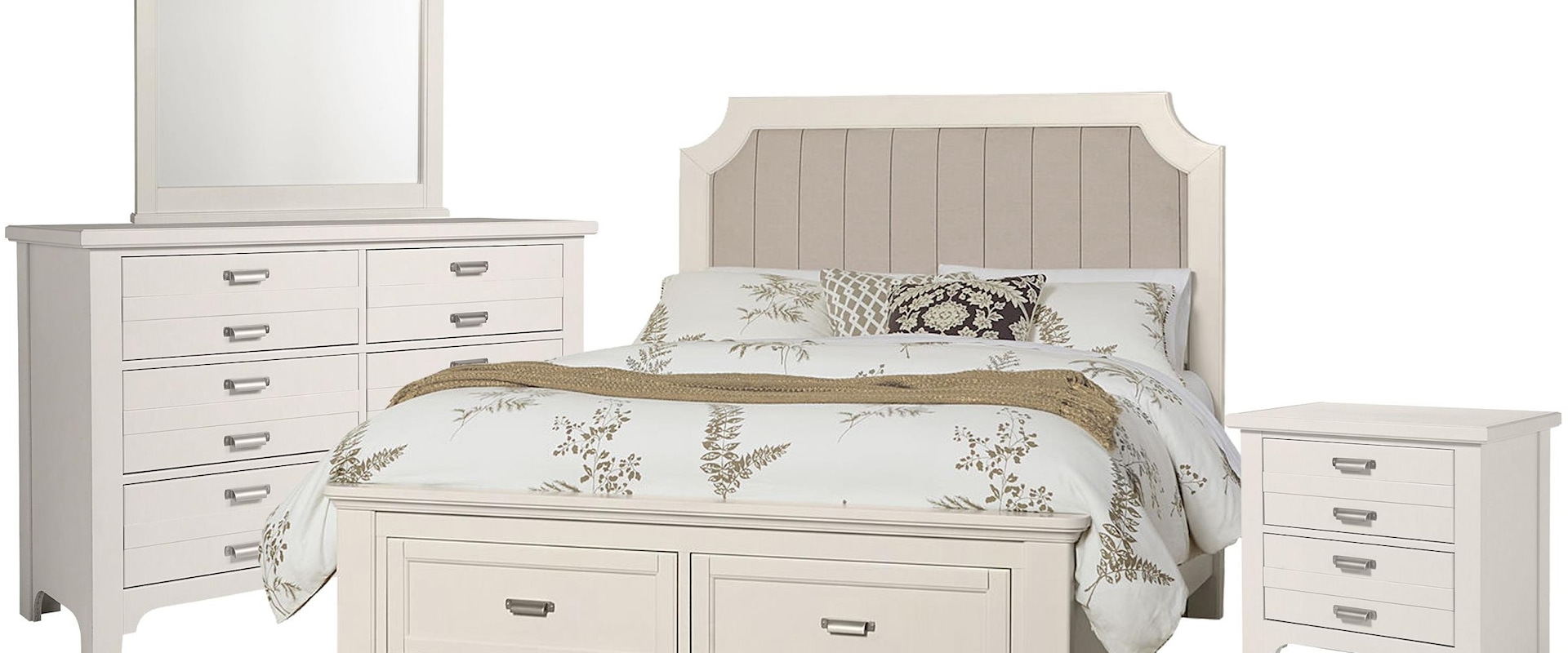 King Upholstered Storage Bed, Double Dresser, Landscape Mirror, 2 Drawer Nightstand