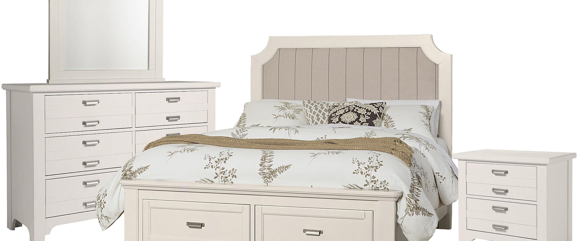 Queen Upholstered Storage Bed, Double Dresser, Arch Mirror, 2 Drawer Nightstand