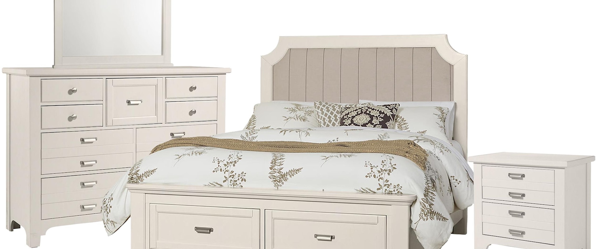 Queen Upholstered Storage Bed, 9 Drawer Dresser, Master Landscape Mirror, 2 Drawer Nightstand