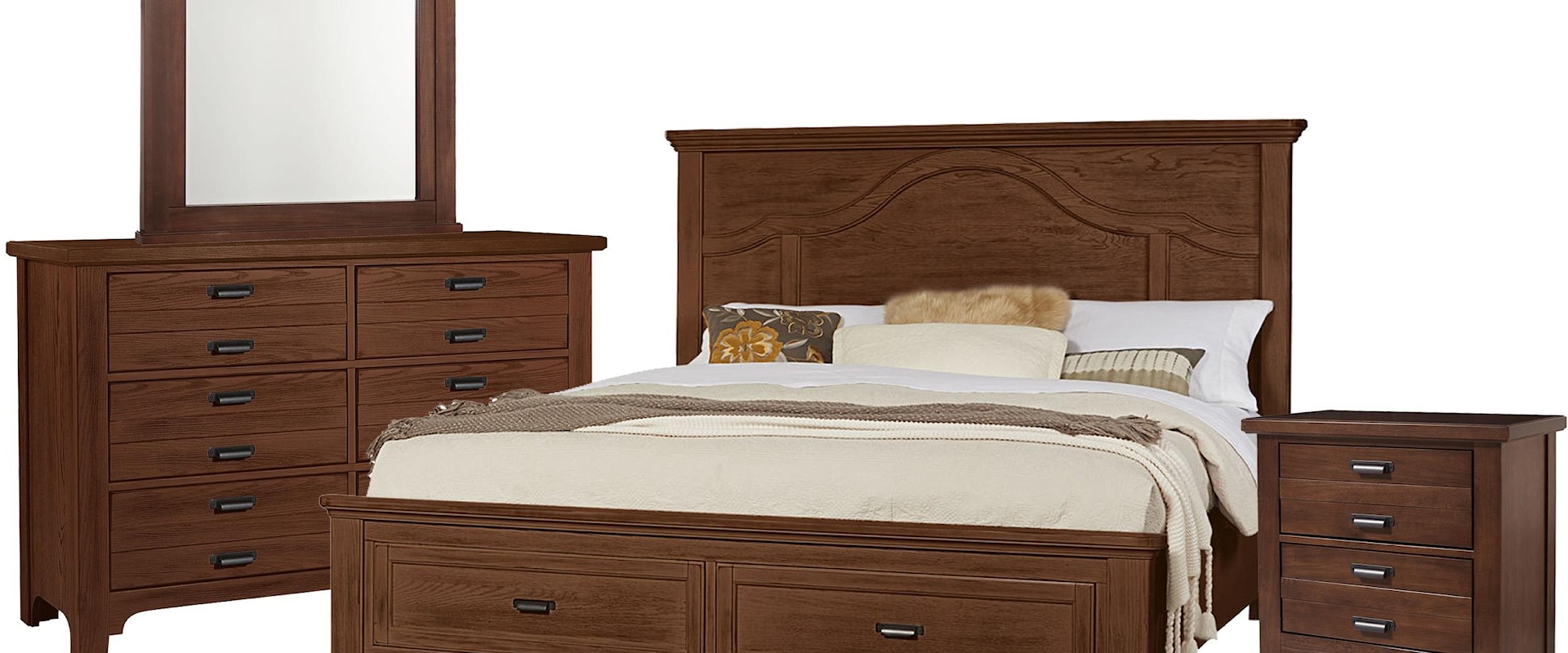 Queen Mantel Storage Bed, Double Dresser, Arch Mirror, 2 Drawer Nightstand