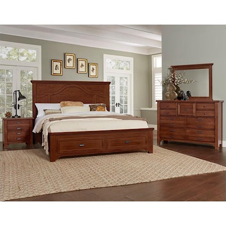 King Mantel Storage Bed, 9 Drawer Dresser, Master Landscape Mirror, 2 Drawer Nightstand