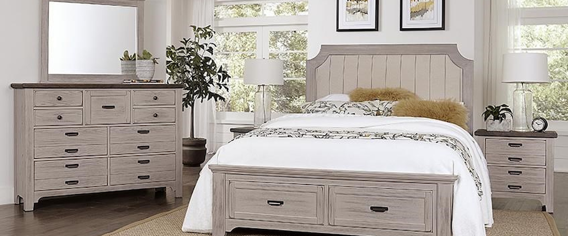 Queen Upholstered Storage Bed, 9 Drawer Dresser, Master Landscape Mirror, 2 Drawer Nightstand