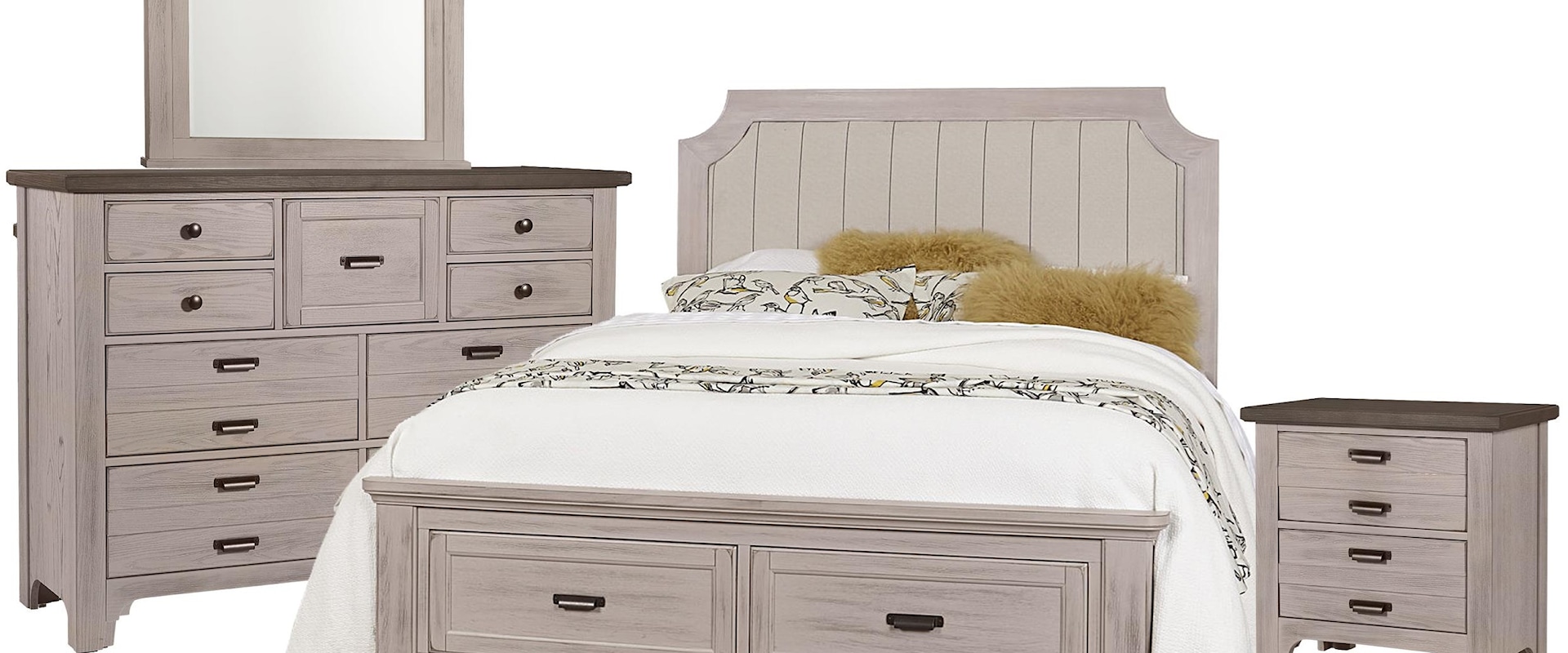 Queen Upholstered Storage Bed, 9 Drawer Dresser, Master Arch Mirror, 2 Drawer Nightstand