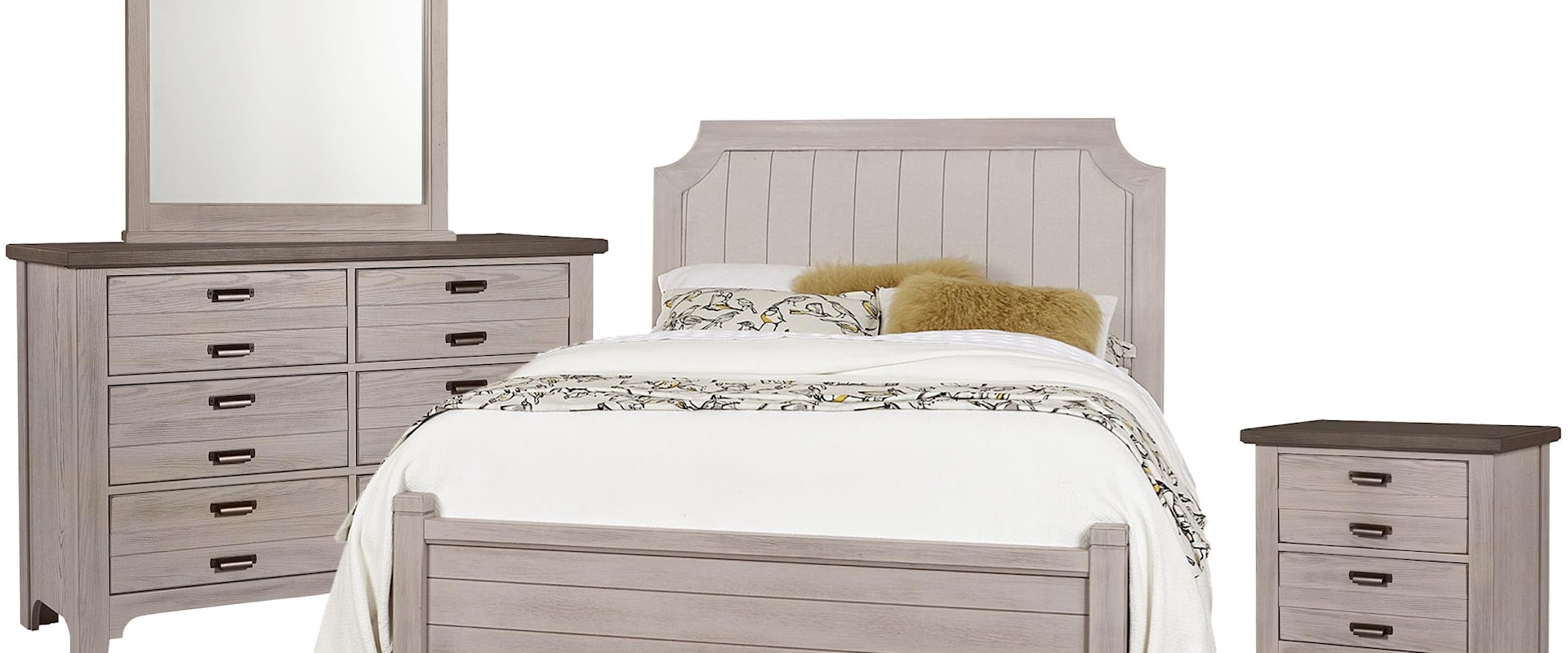 Queen Upholstered Bed, Double Dresser, Landscape Mirror, 2 Drawer Nightstand