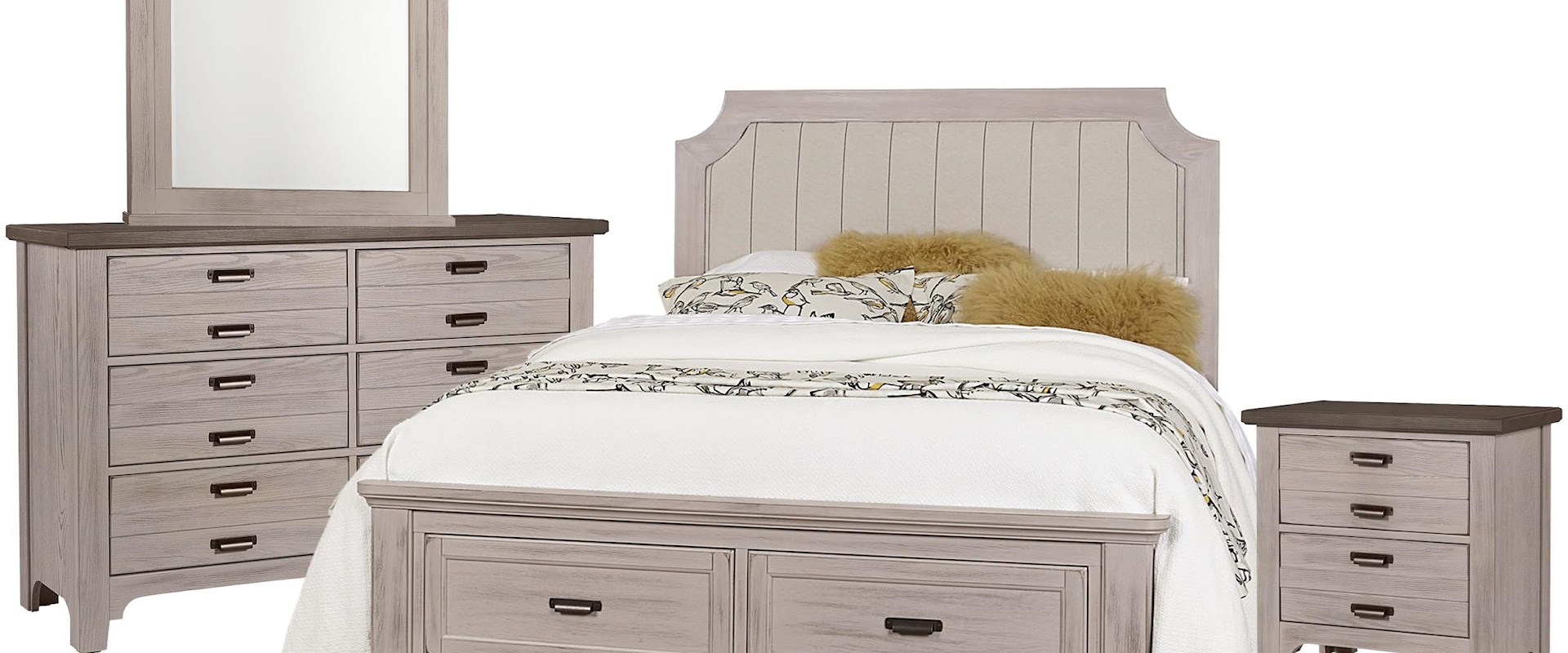 Queen Upholstered Storage Bed, Double Dresser, Arch Mirror, 2 Drawer Nightstand