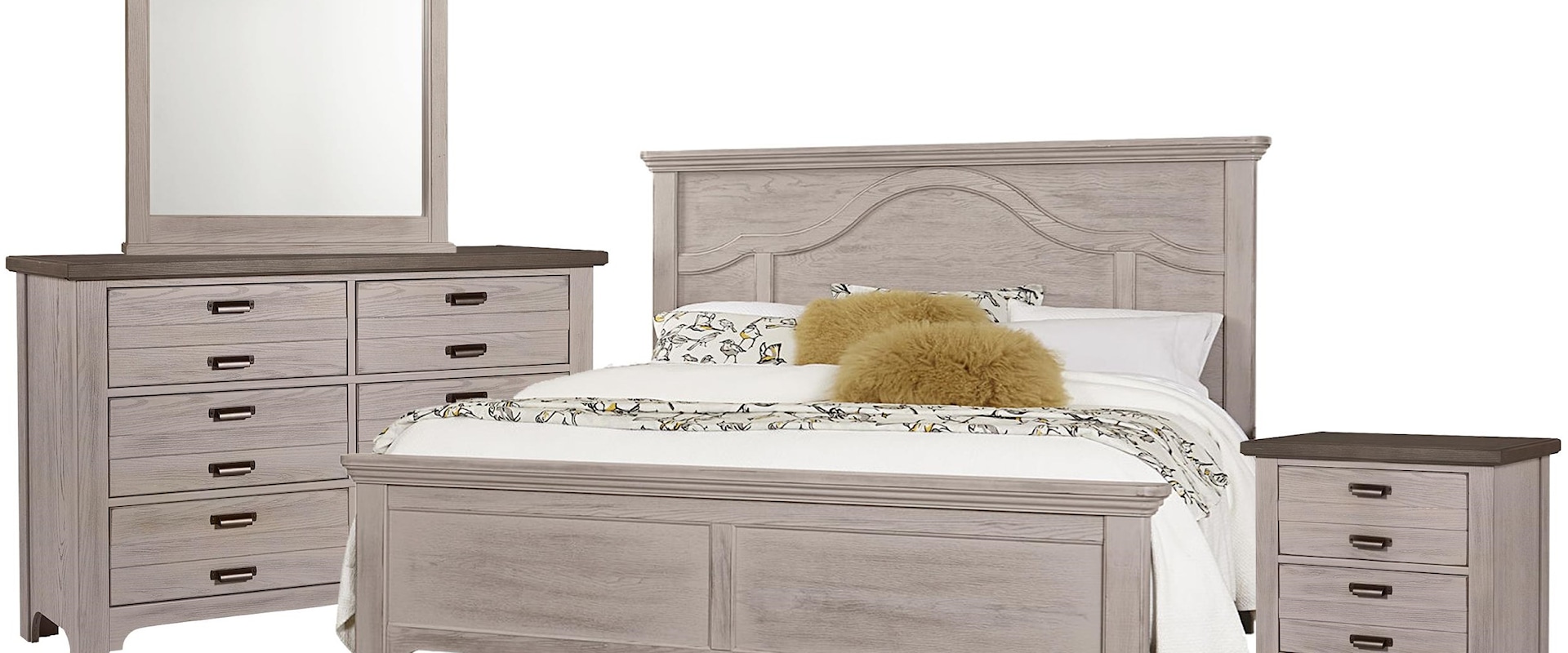 Queen Mantel Bed, Double Dresser, Landscape Mirror, 2 Drawer Nightstand